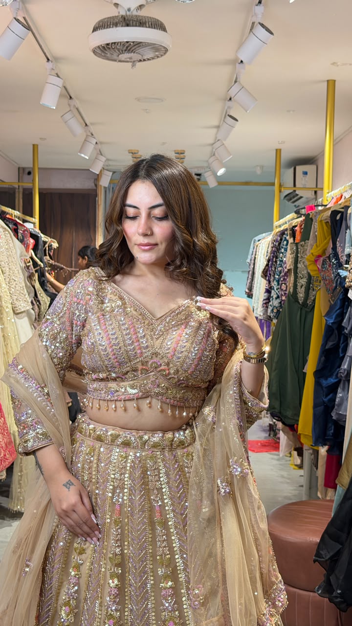 Luxury Bridal Lehenga Set with Embellished Blouse & Net Dupatta