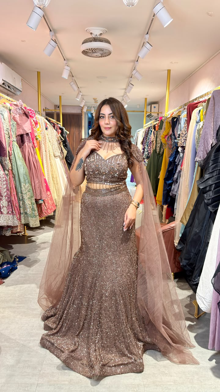 Luxury Hand-Embellished Mermaid Gown with Cape Dupatta