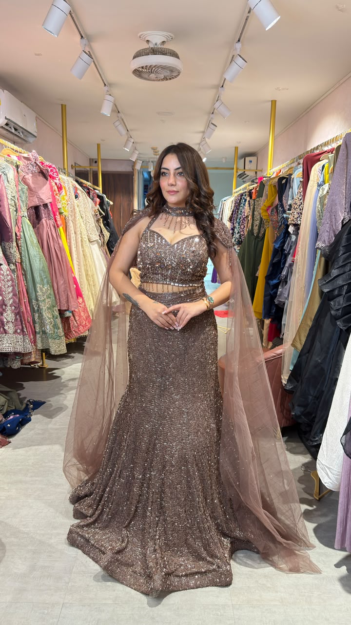 Luxury Hand-Embellished Mermaid Gown with Cape Dupatta