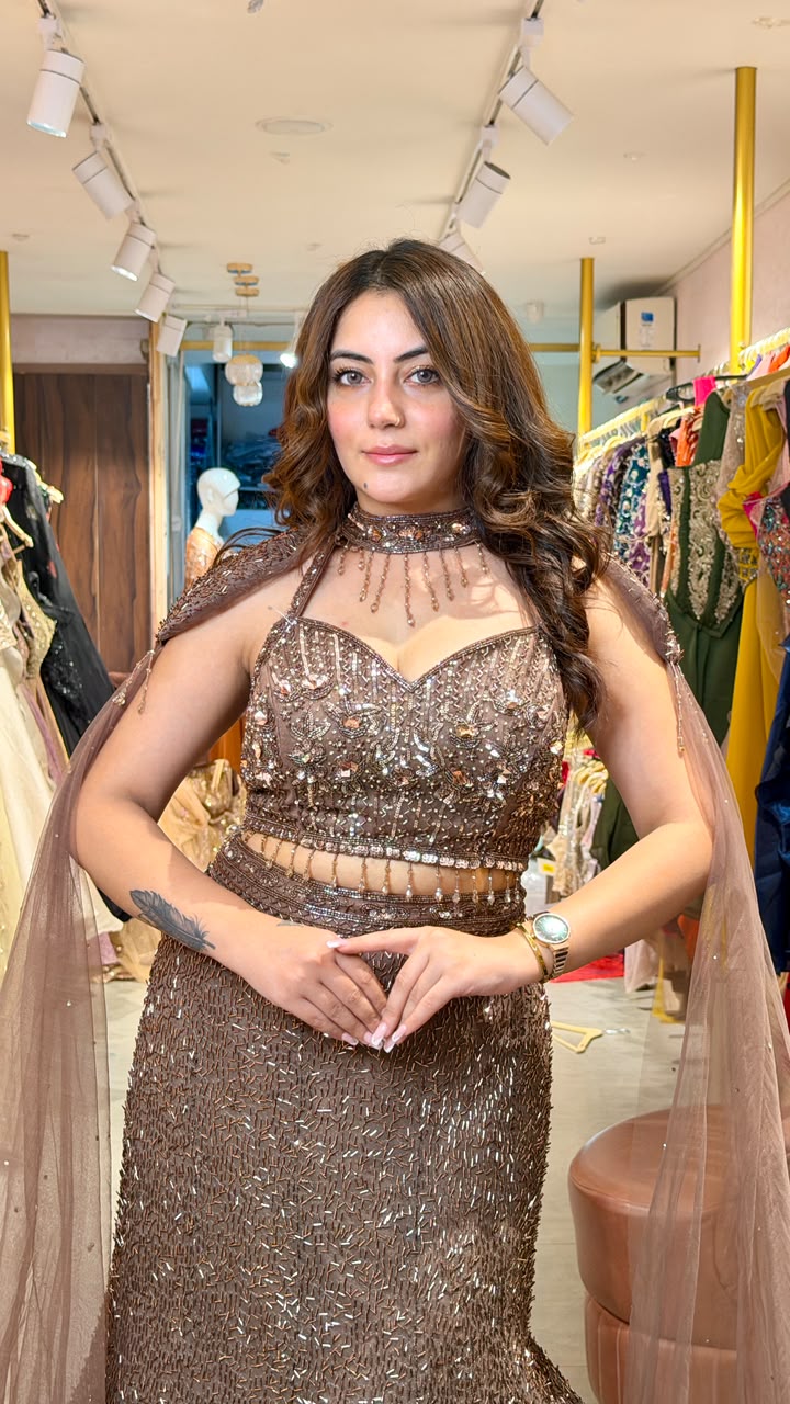 Luxury Hand-Embellished Mermaid Gown with Cape Dupatta