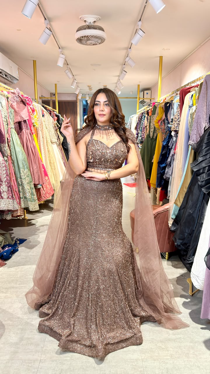 Luxury Hand-Embellished Mermaid Gown with Cape Dupatta