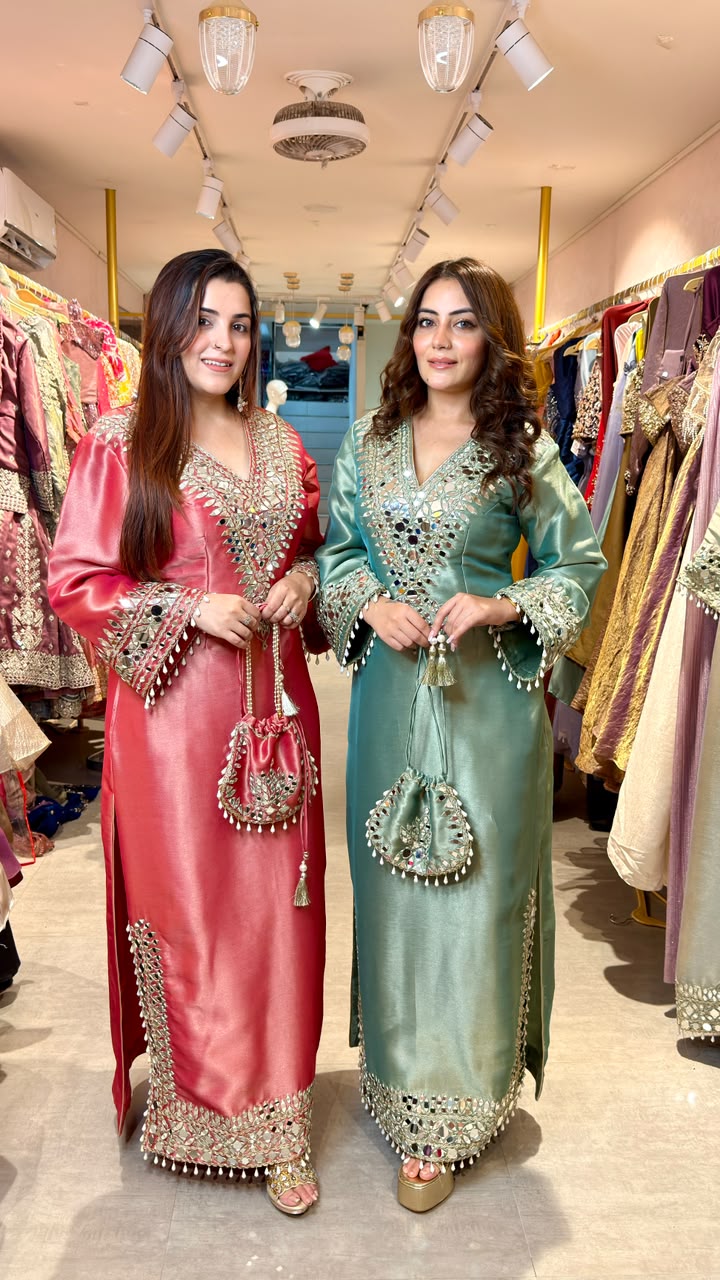 Mirror Work Kaftan Style Kurta Set with Straight Pants & Potli Bag