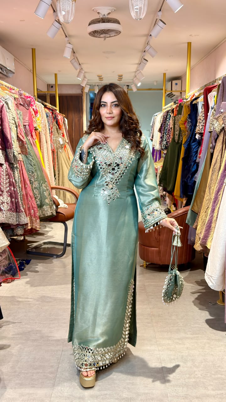 Mirror Work Kaftan Style Kurta Set with Straight Pants & Potli Bag