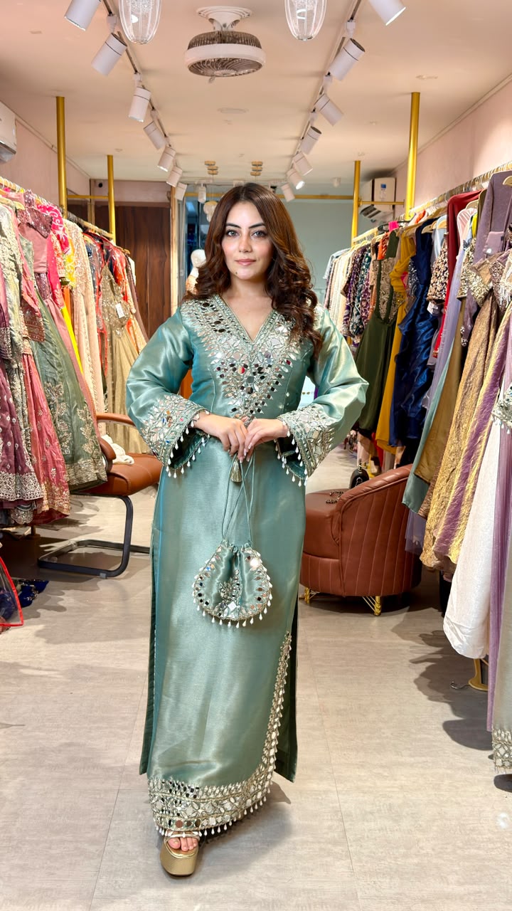 Mirror Work Kaftan Style Kurta Set with Straight Pants & Potli Bag