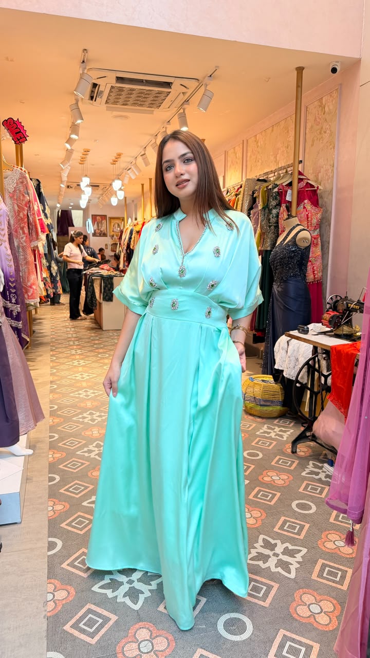 Embellished Satin Kaftan Maxi Dress