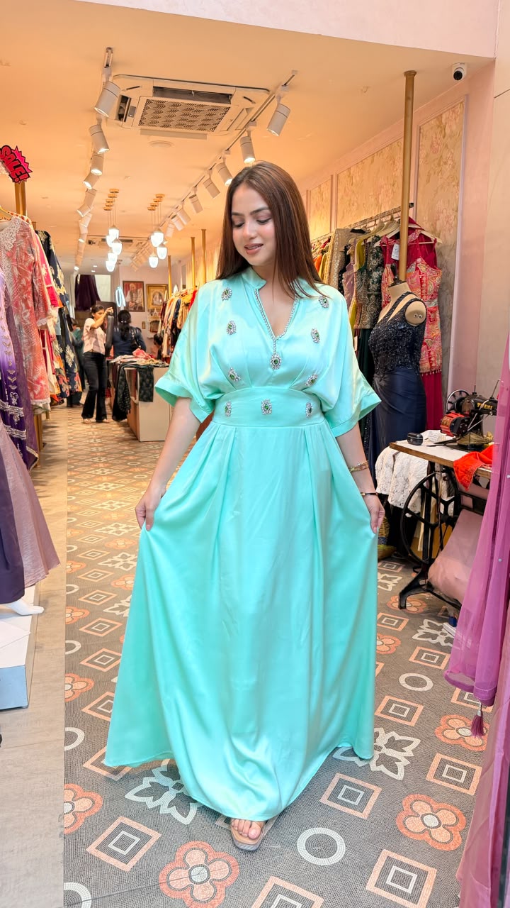 Embellished Satin Kaftan Maxi Dress