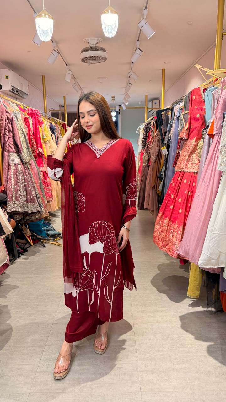Maroon Floral Printed Straight Kurta Set with Dupatta
