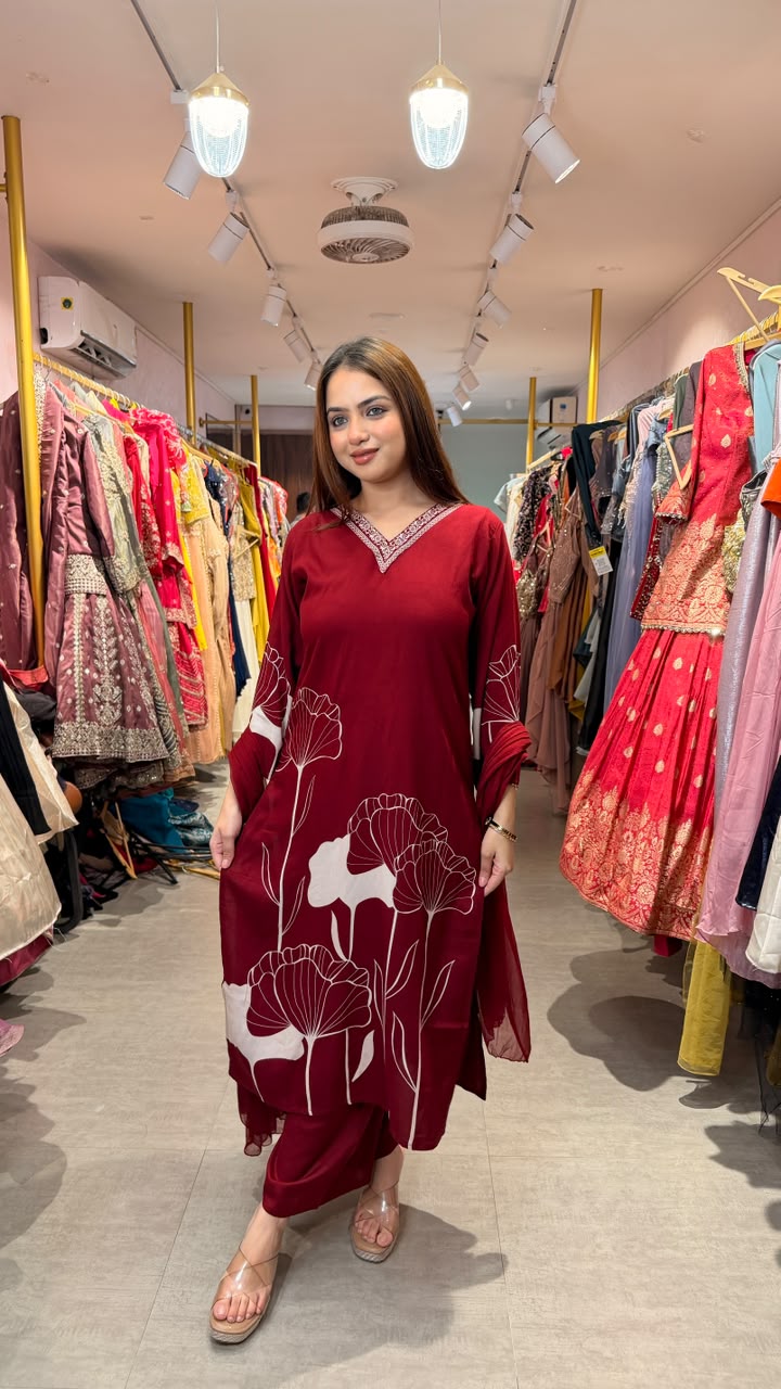 Maroon Floral Printed Straight Kurta Set with Dupatta