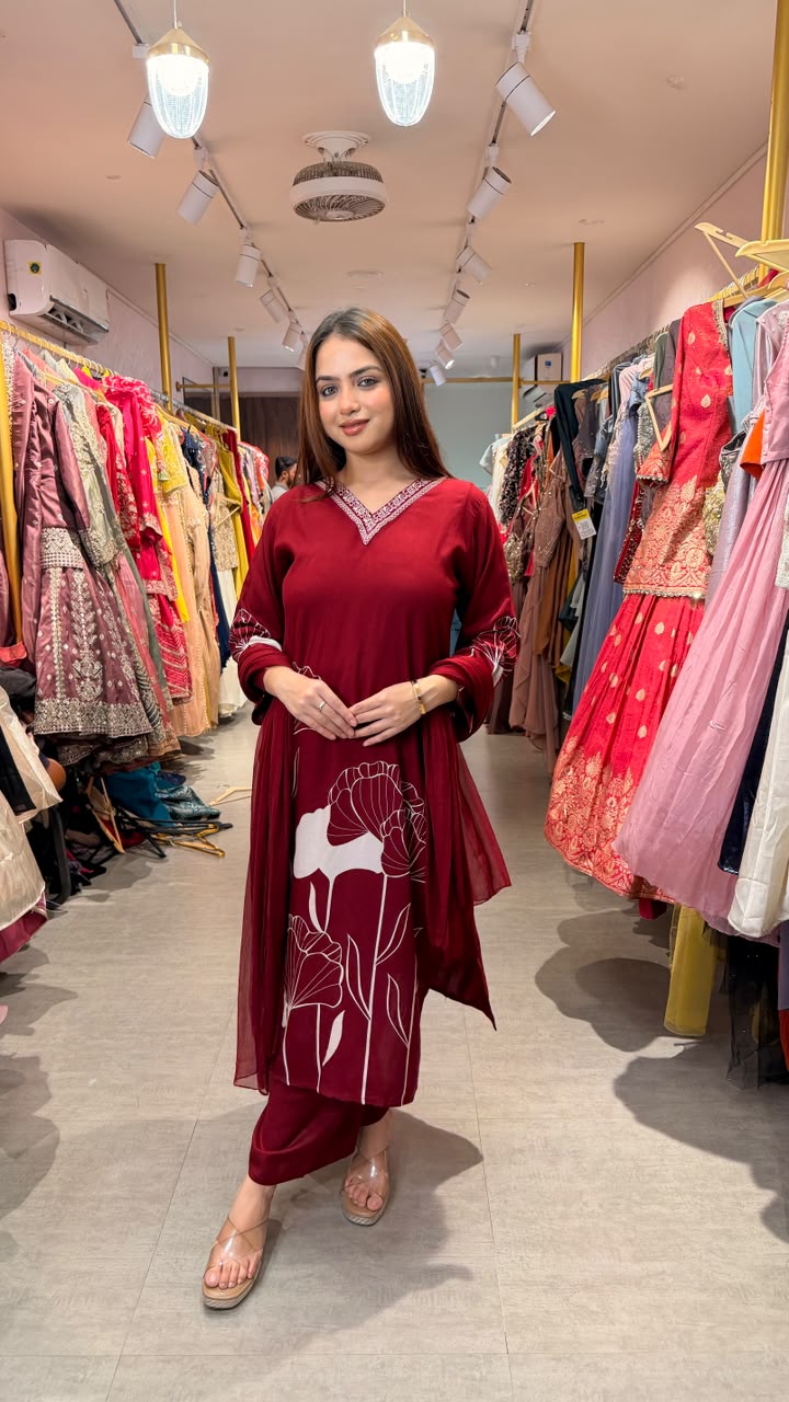 Maroon Floral Printed Straight Kurta Set with Dupatta
