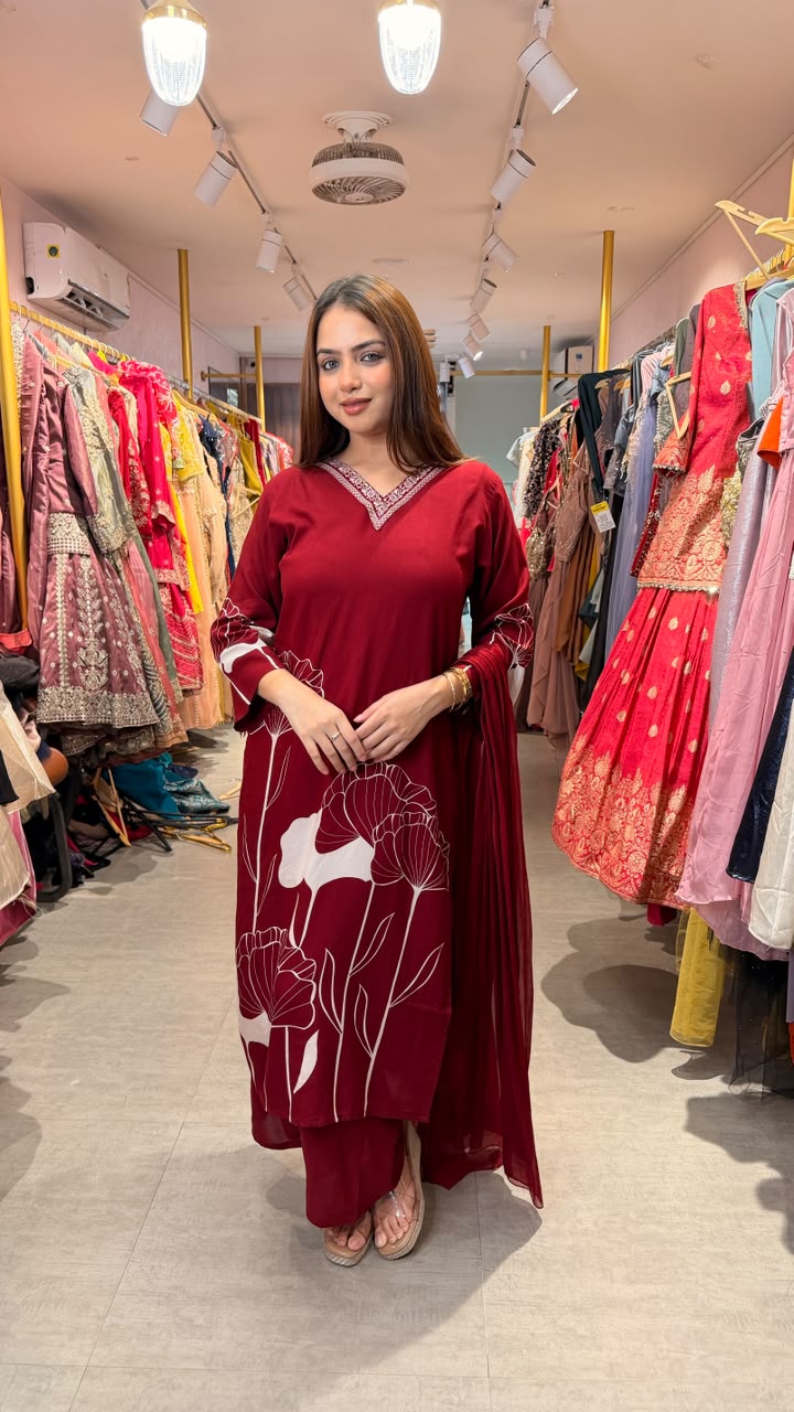 Maroon Floral Printed Straight Kurta Set with Dupatta