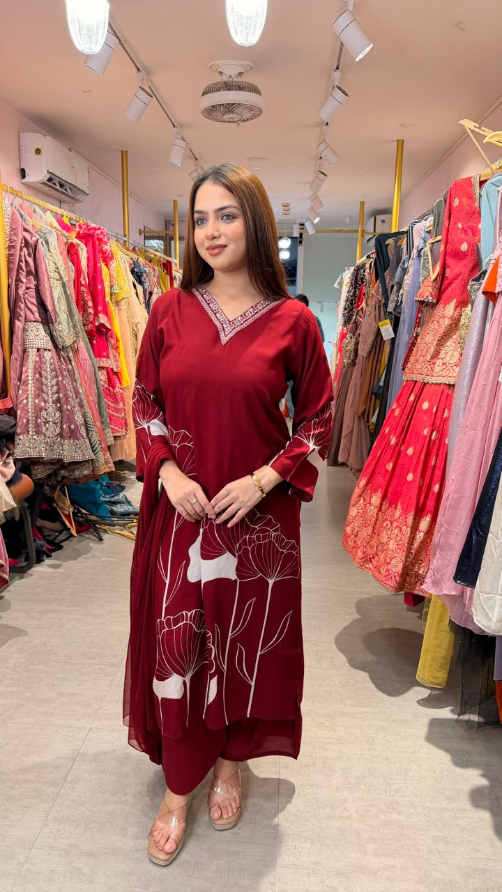Maroon Floral Printed Straight Kurta Set with Dupatta