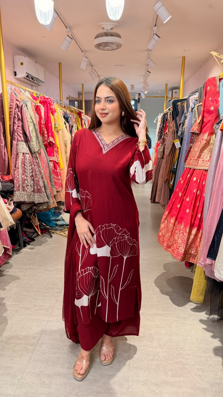Maroon Floral Printed Straight Kurta Set with Dupatta