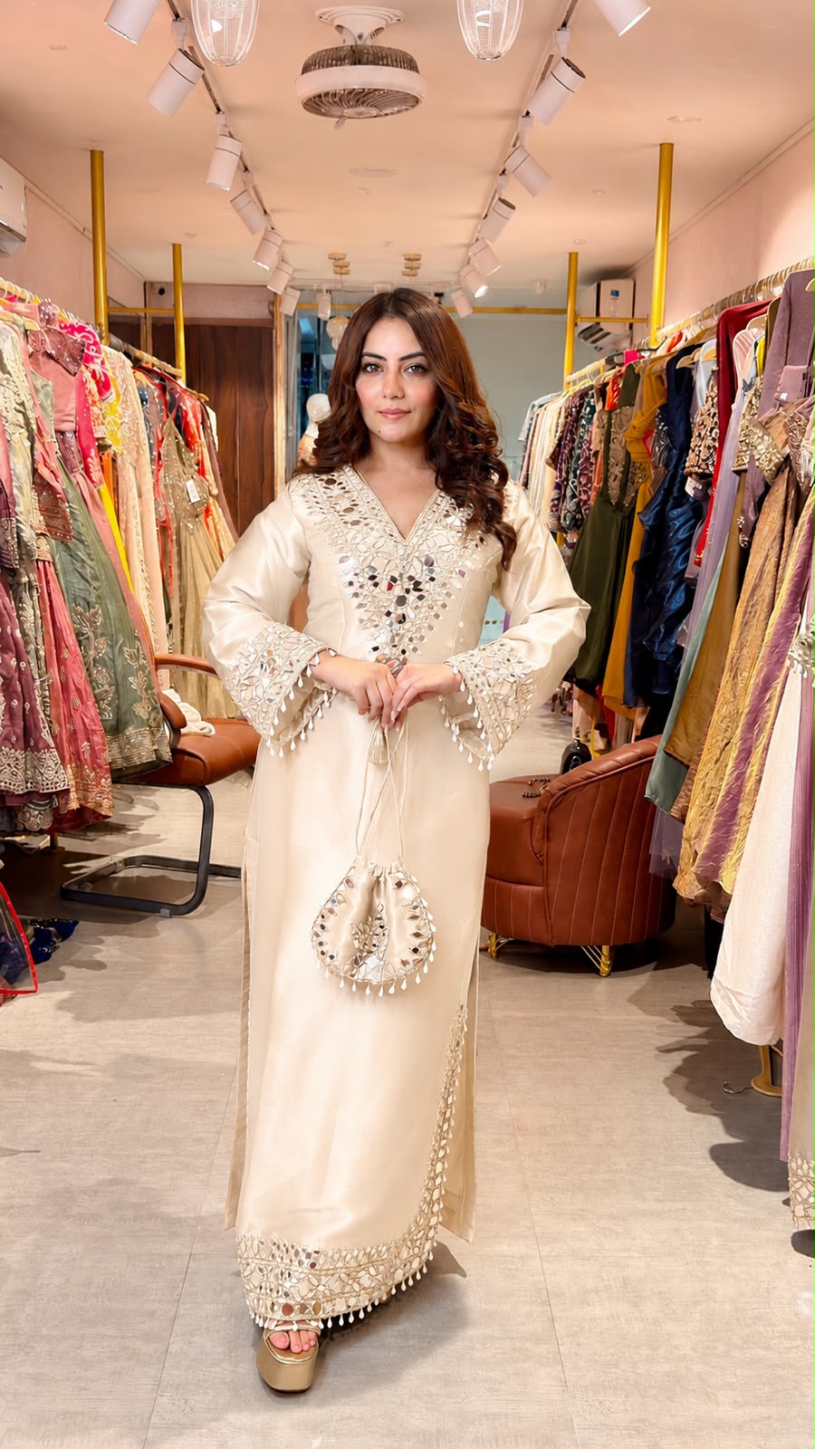 Mirror Work Kaftan Style Kurta Set with Straight Pants & Potli Bag
