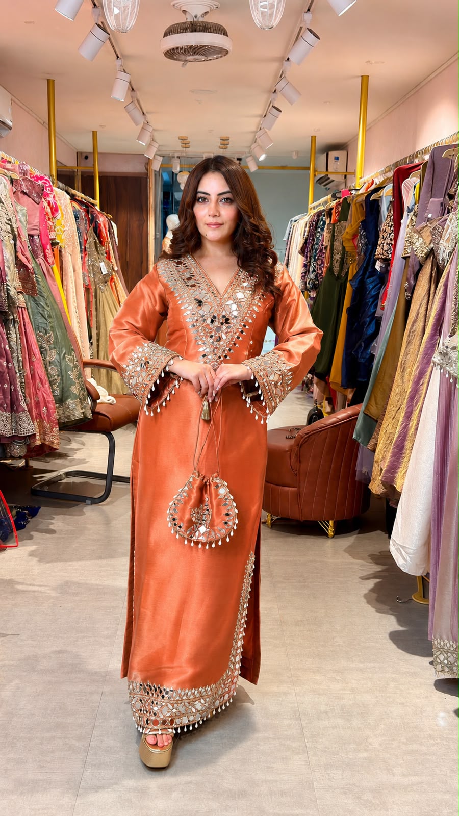 Mirror Work Kaftan Style Kurta Set with Straight Pants & Potli Bag