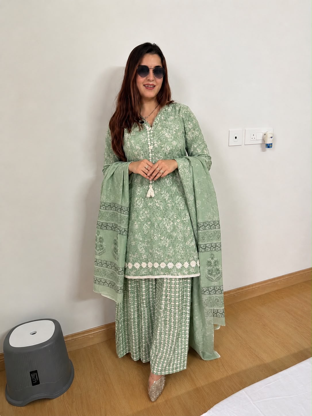 Sage Green Floral Printed Kurta Sharara Set with Dupatta