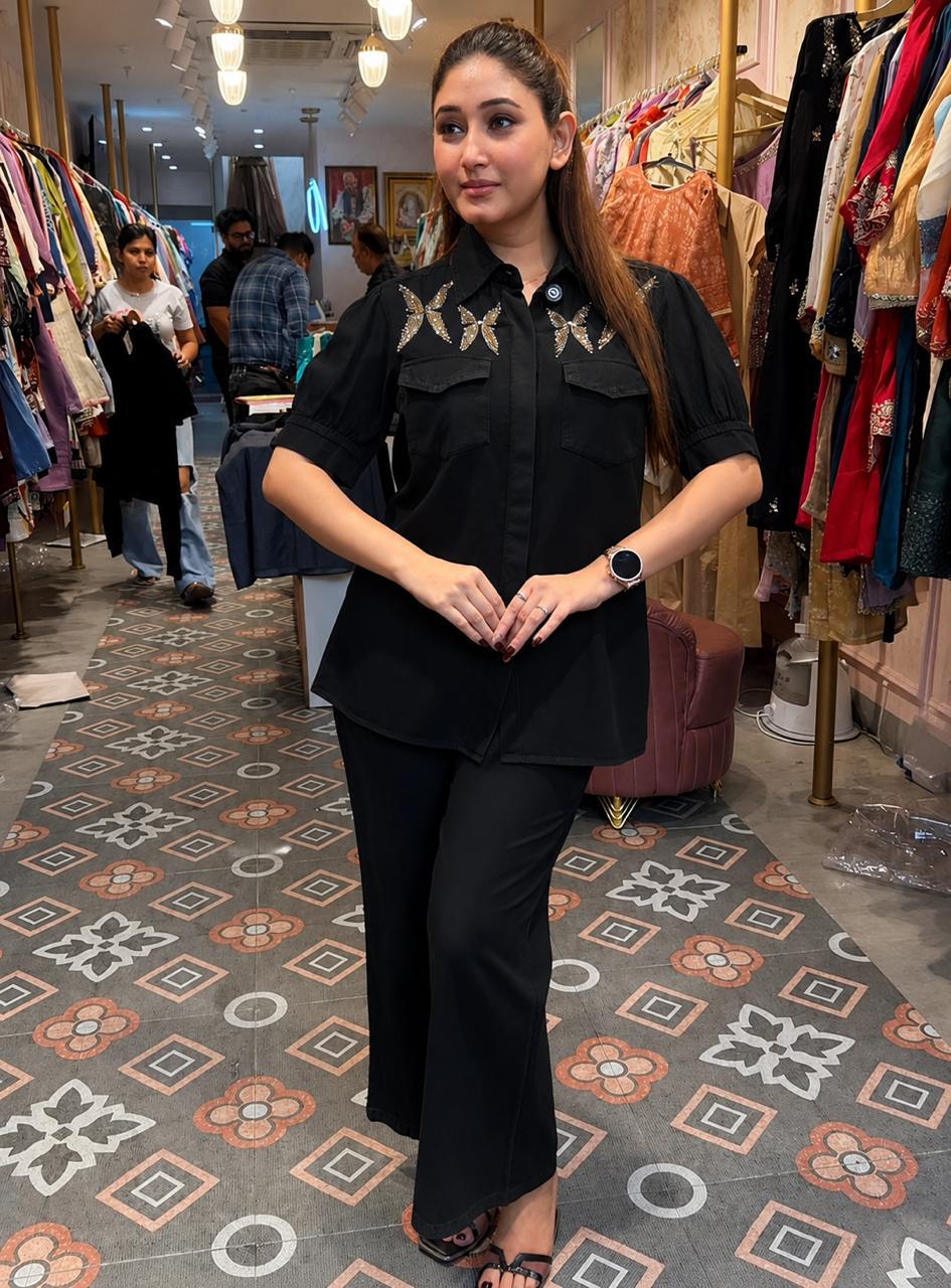Denim Shirt & Wide-Leg Pants
