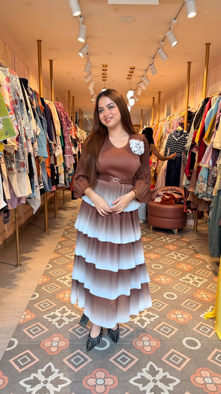 Ombre Tiered Maxi Dress with Floral Brooch