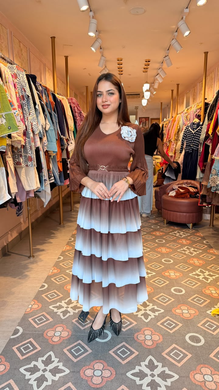 Ombre Tiered Maxi Dress with Floral Brooch