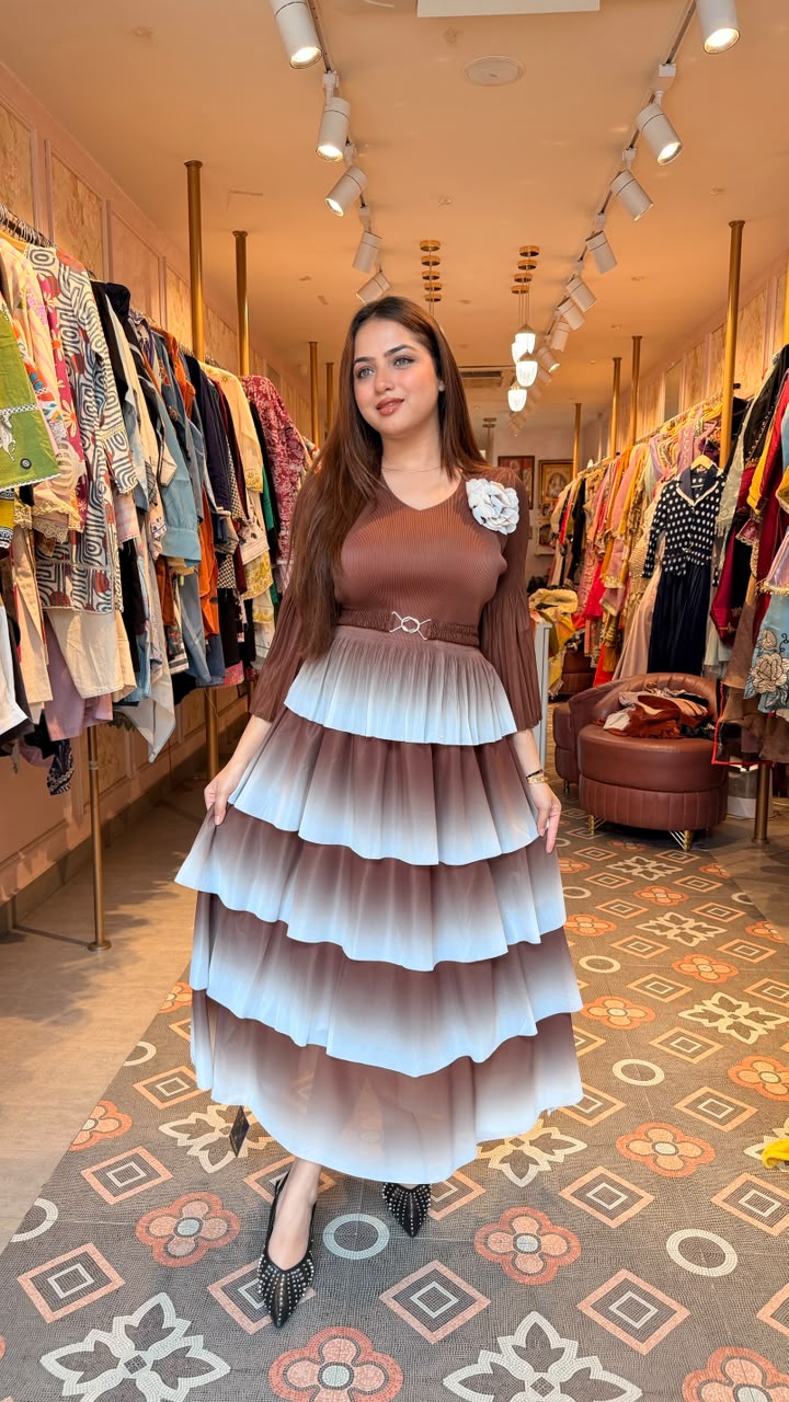 Ombre Tiered Maxi Dress with Floral Brooch