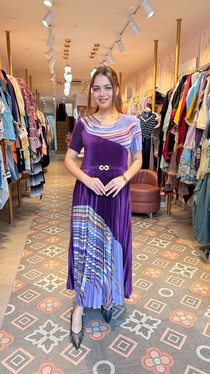 Abstract Print Pleated Midi Dress