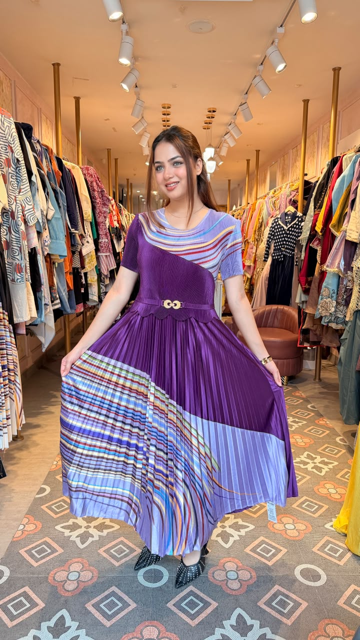 Abstract Print Pleated Midi Dress