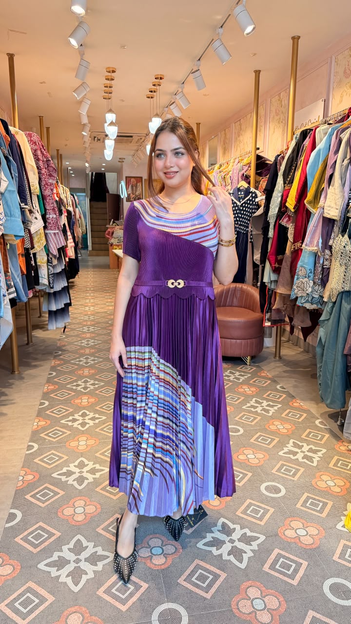Abstract Print Pleated Midi Dress