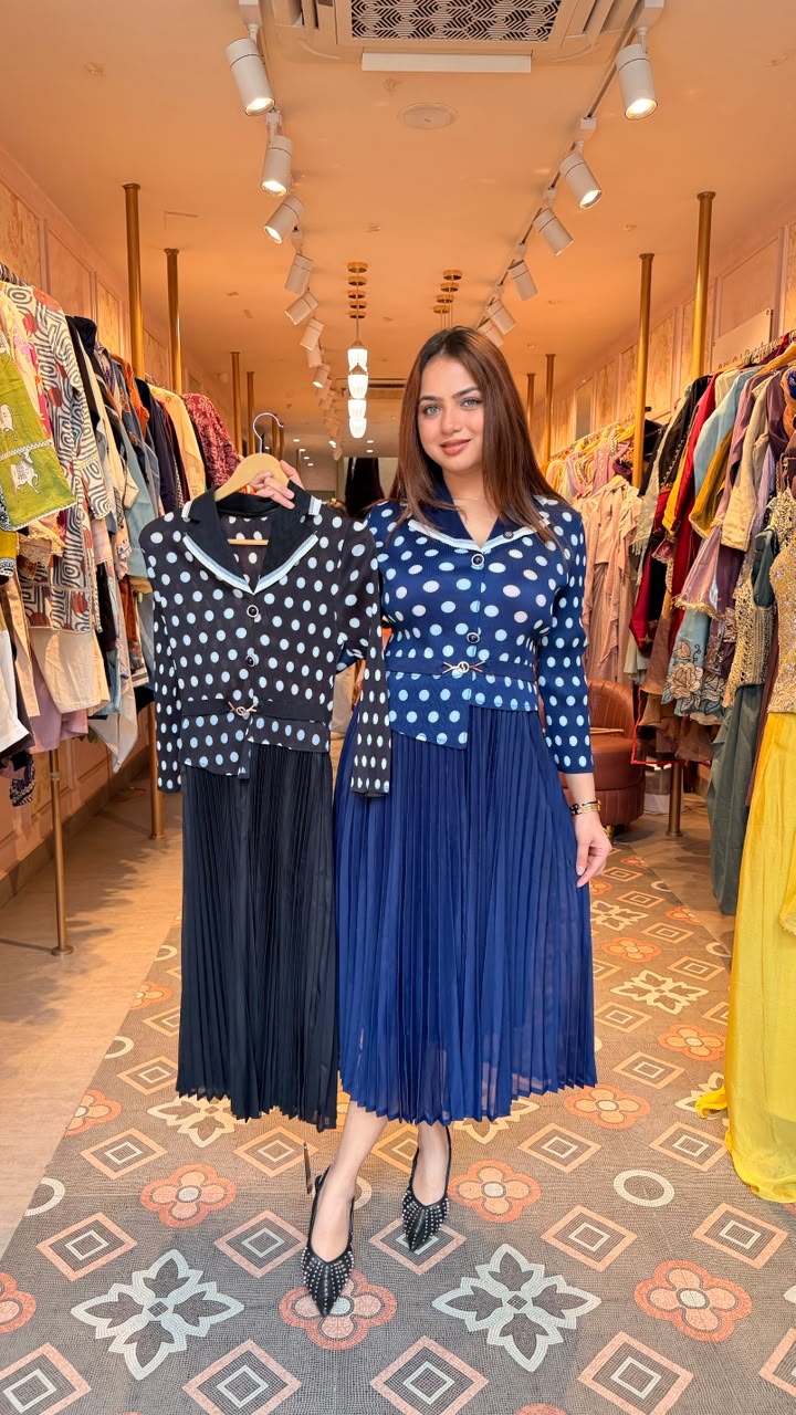 Polka Dot Knit Top with Pleated Midi Skirt Set