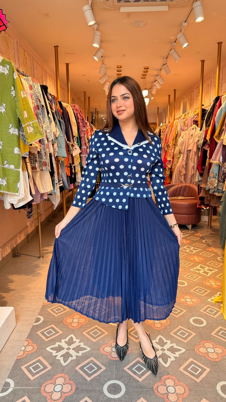 Polka Dot Knit Top with Pleated Midi Skirt Set