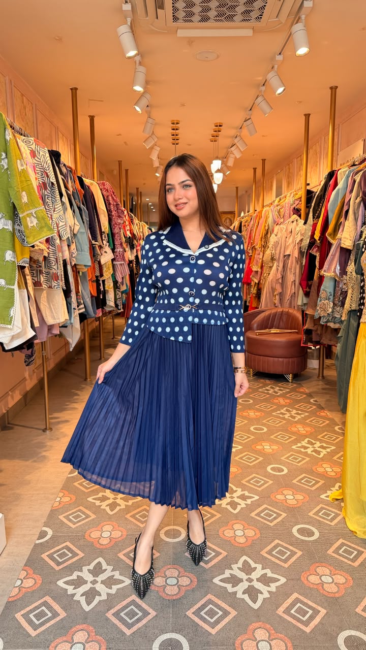Polka Dot Knit Top with Pleated Midi Skirt Set