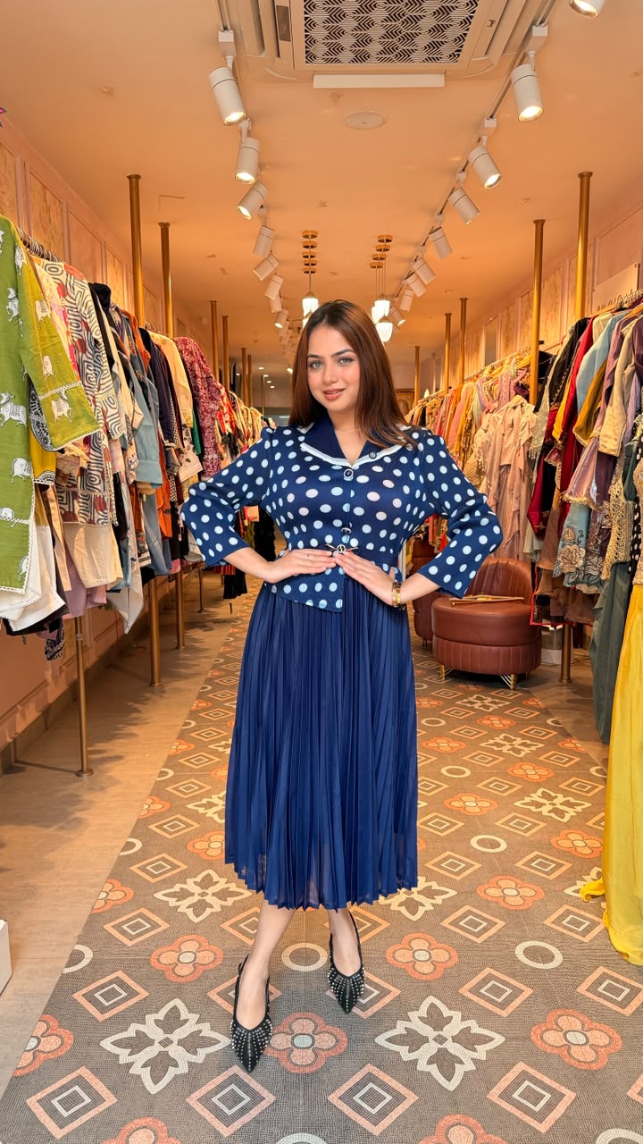 Polka Dot Knit Top with Pleated Midi Skirt Set