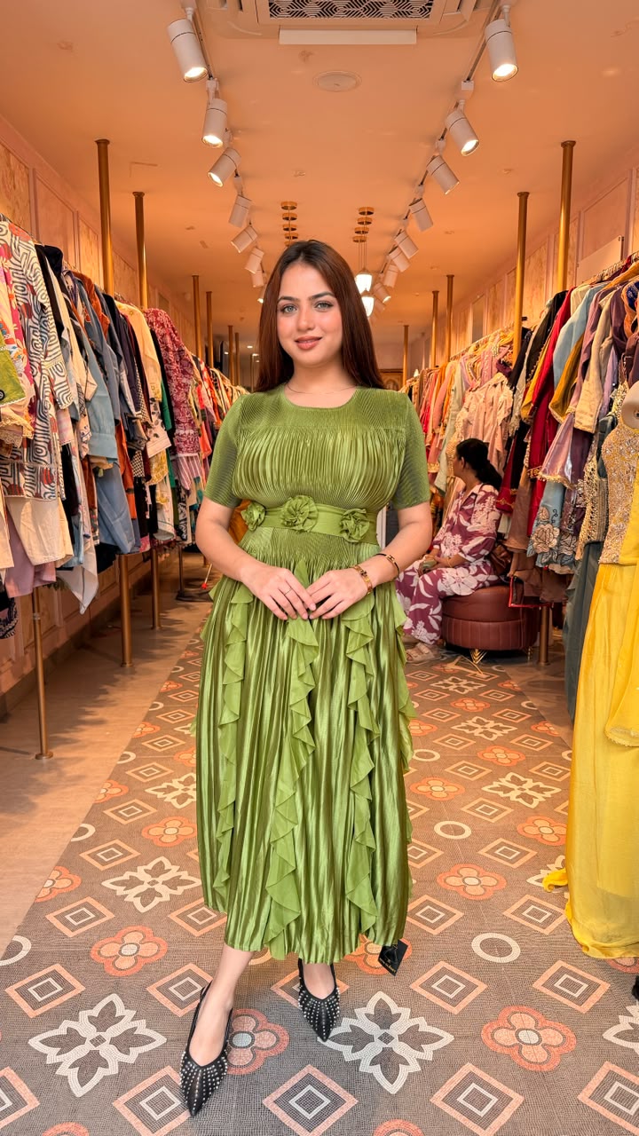 Emerald Green Pleated Ruffle Midi Dress
