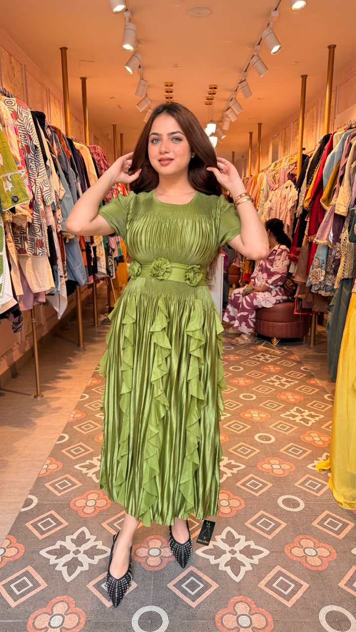 Emerald Green Pleated Ruffle Midi Dress