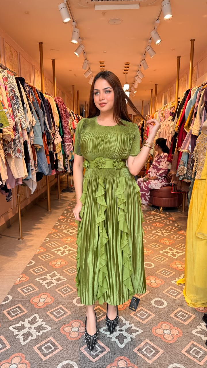Emerald Green Pleated Ruffle Midi Dress