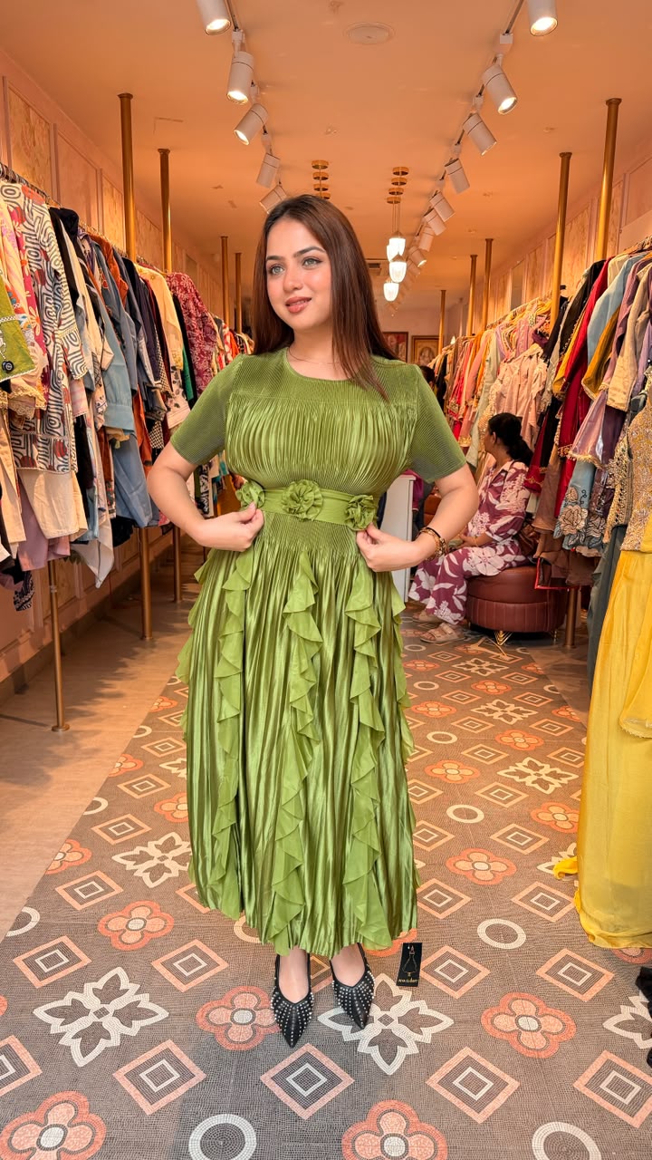 Emerald Green Pleated Ruffle Midi Dress