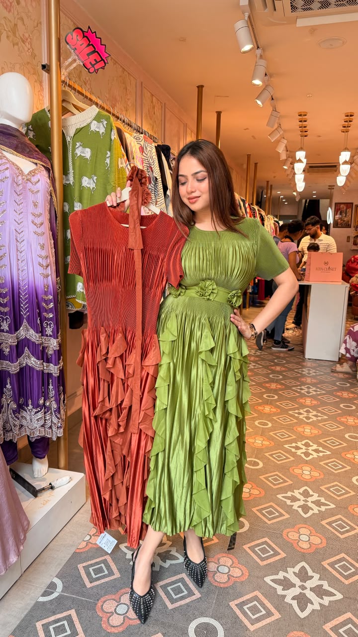 Emerald Green Pleated Ruffle Midi Dress