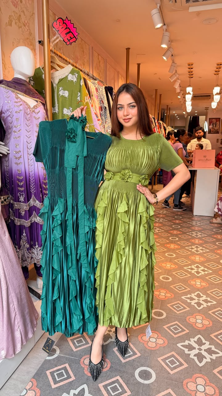 Emerald Green Pleated Ruffle Midi Dress