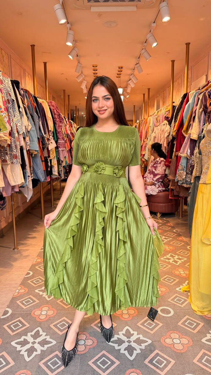 Emerald Green Pleated Ruffle Midi Dress