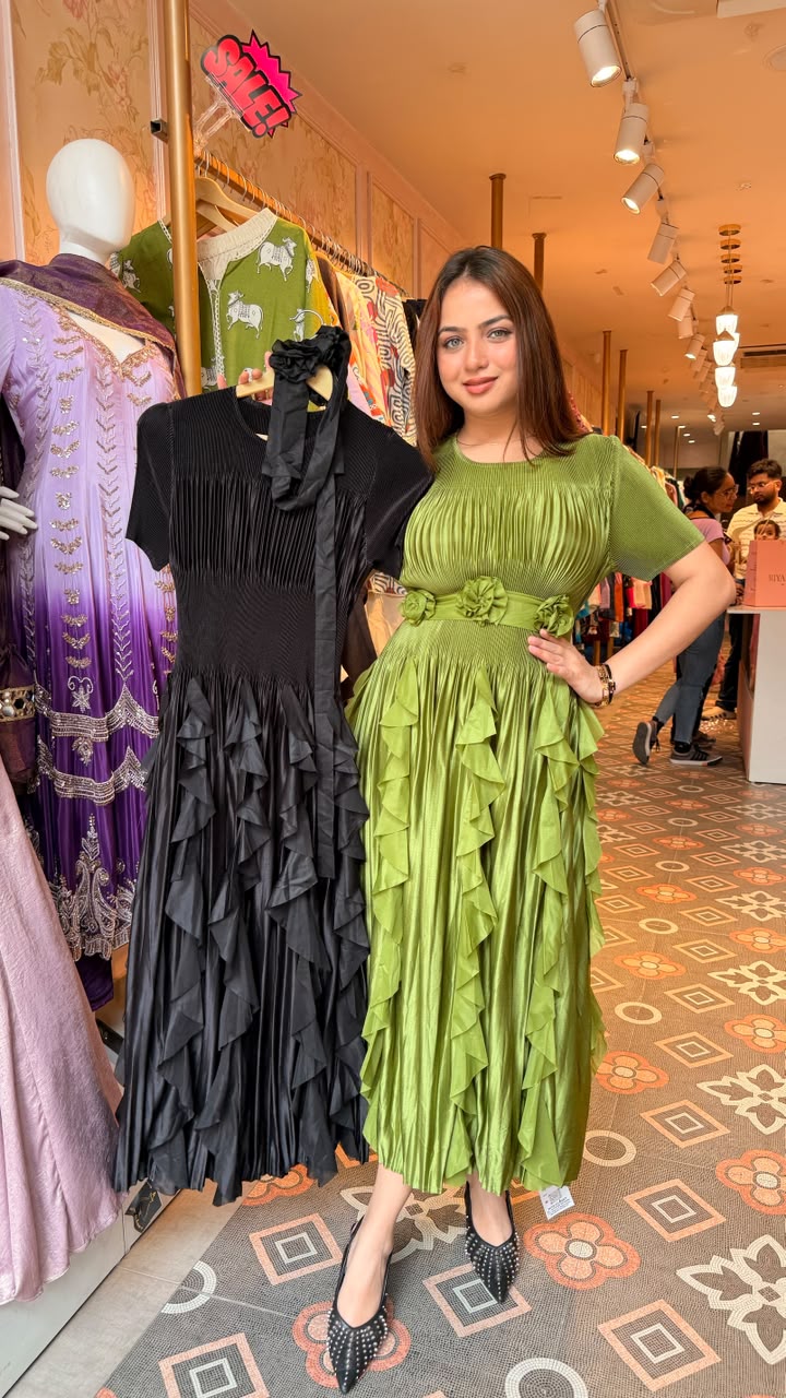 Emerald Green Pleated Ruffle Midi Dress