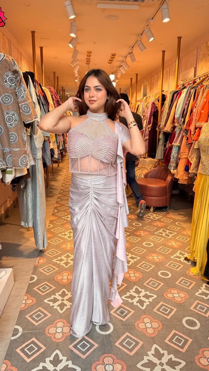 Ice Blue Embellished Drape Saree Gown