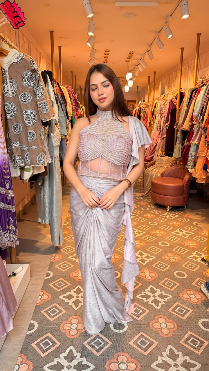 Ice Blue Embellished Drape Saree Gown