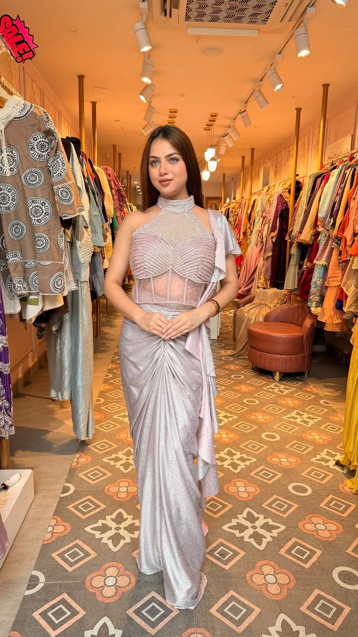 Ice Blue Embellished Drape Saree Gown