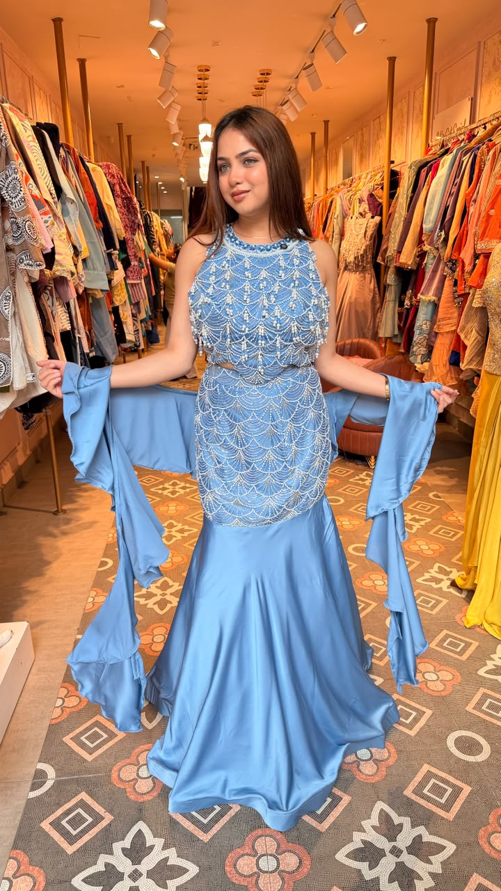 Embellished Mermaid Evening Gown with Cape Sleeves