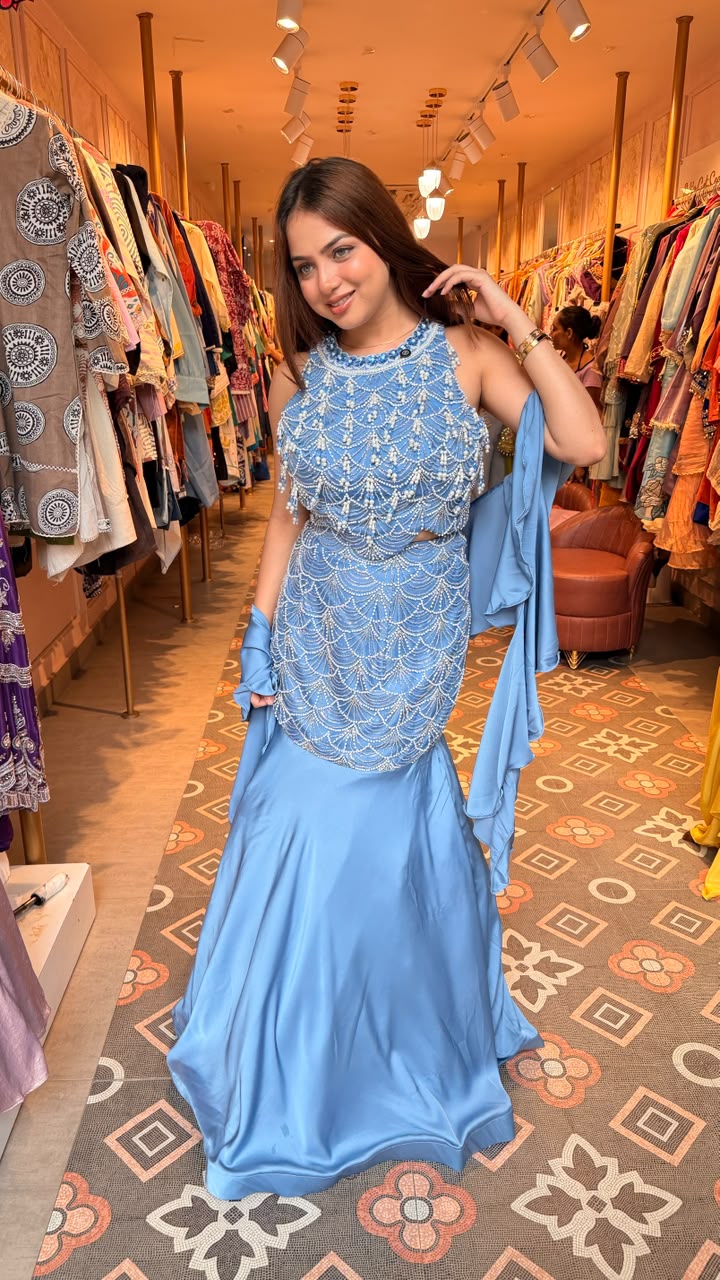 Embellished Mermaid Evening Gown with Cape Sleeves