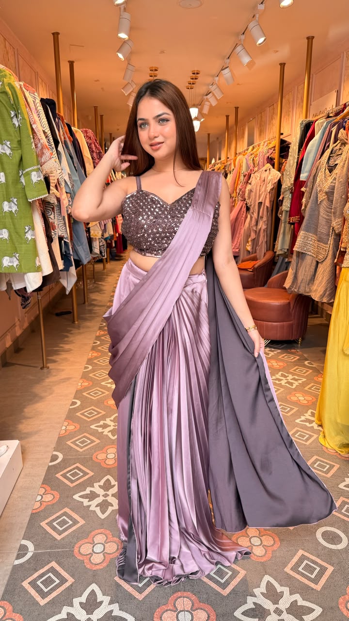 Lilac Satin Ready-to-Wear Pre-Draped Saree with Mirror Work Blouse