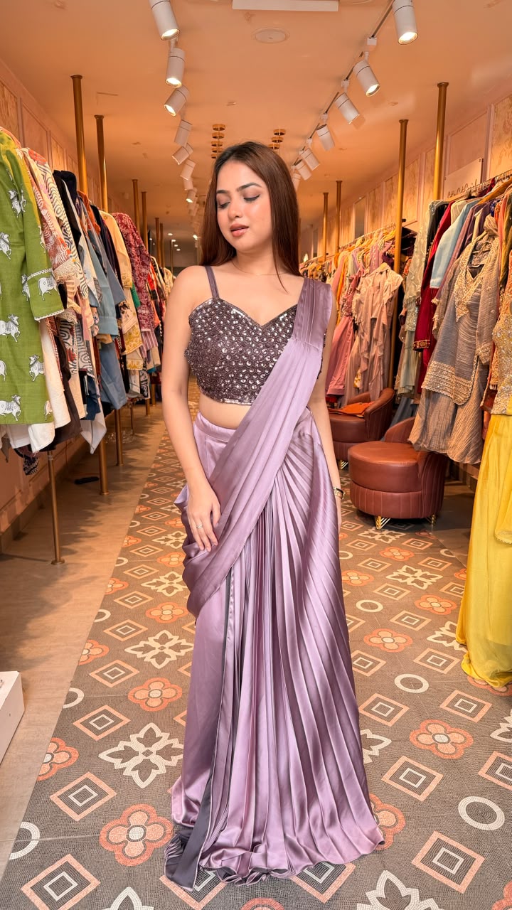Lilac Satin Ready-to-Wear Pre-Draped Saree with Mirror Work Blouse