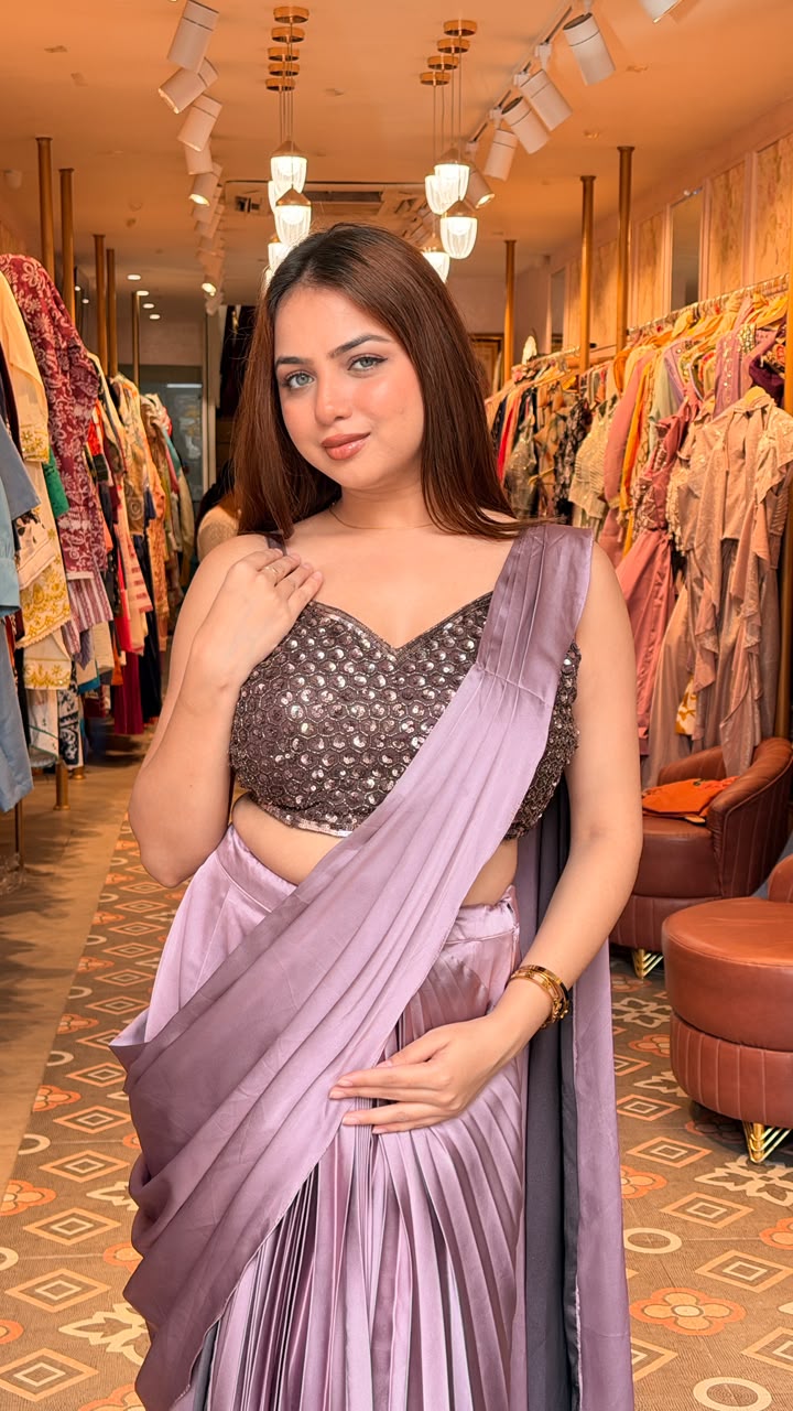 Lilac Satin Ready-to-Wear Pre-Draped Saree with Mirror Work Blouse