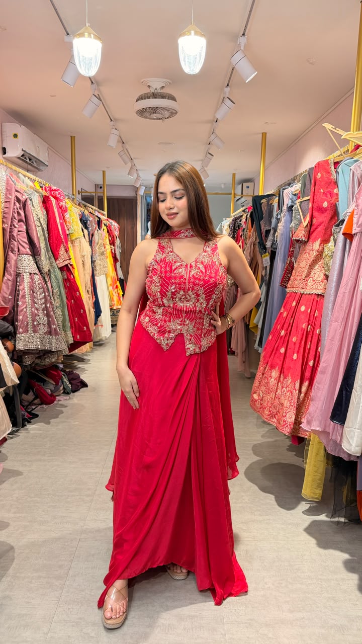 Embroidered Halter Neck Draped Evening Gown