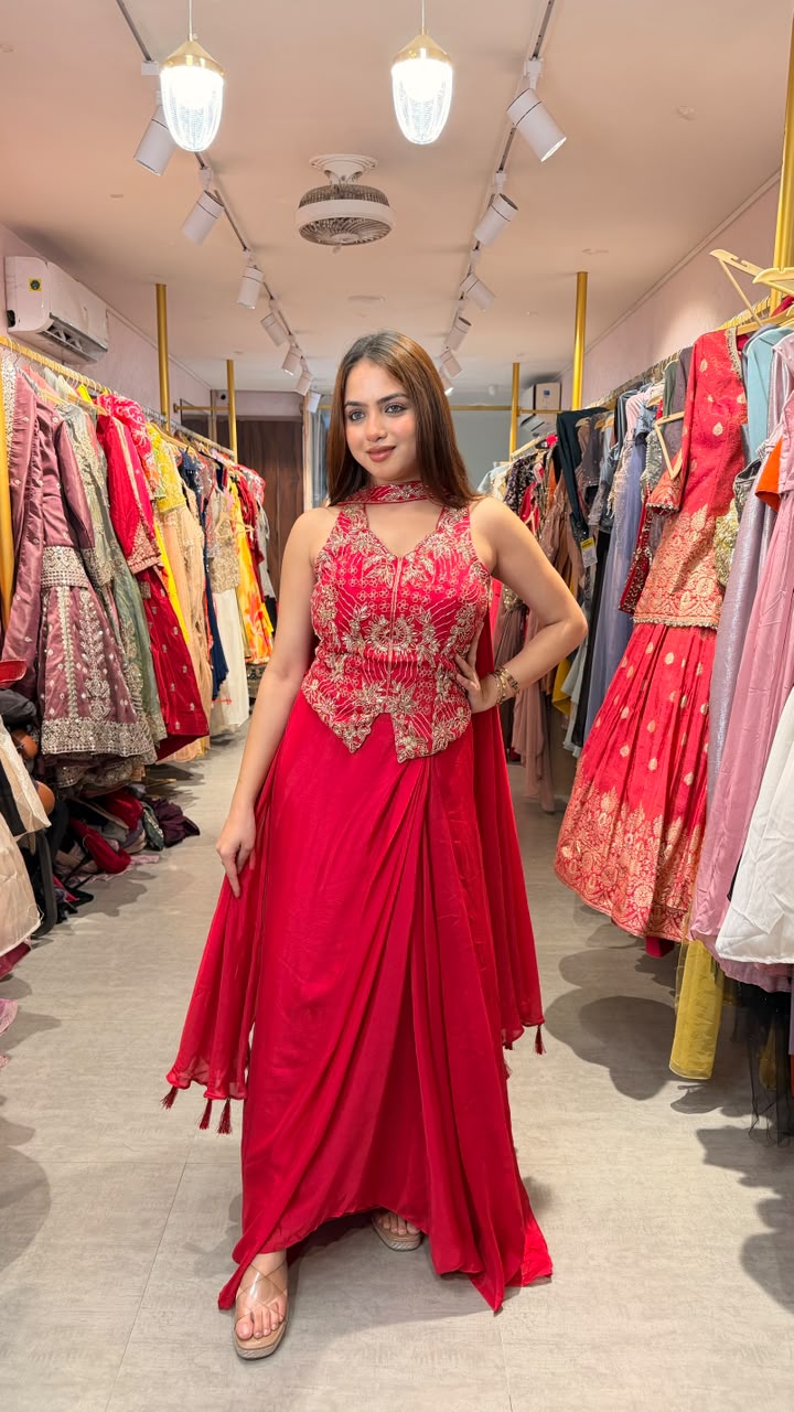 Embroidered Halter Neck Draped Evening Gown
