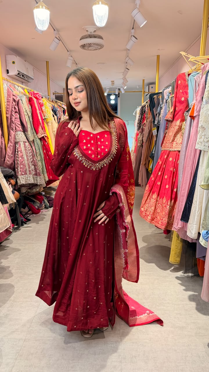 Maroon Embroidered Anarkali Suit Set with Dupatta