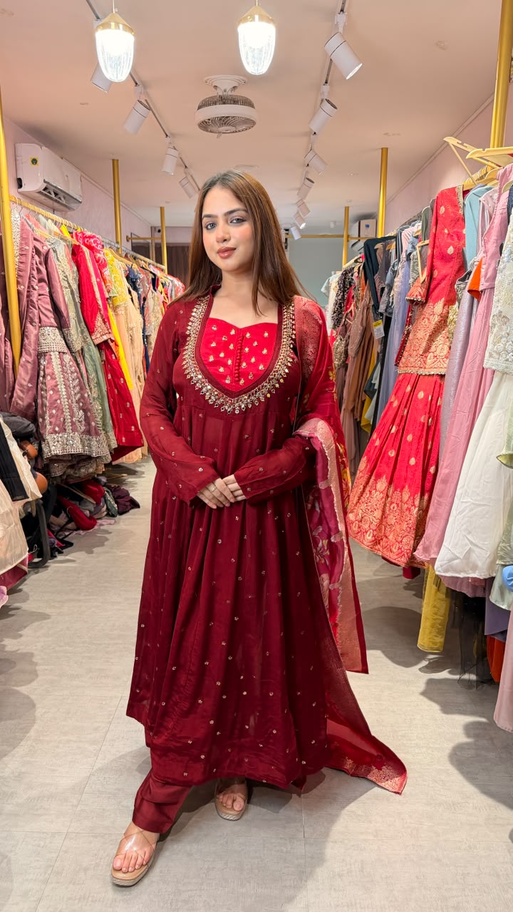 Maroon Embroidered Anarkali Suit Set with Dupatta